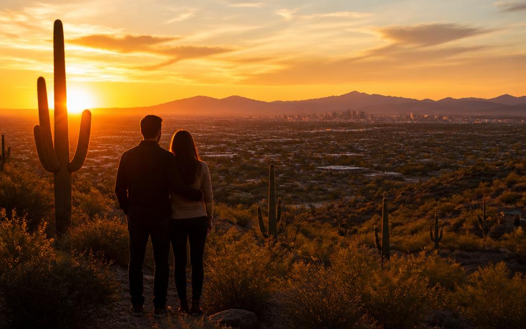 Couple overlooking Tucson valley at sunset with saguaro cacti