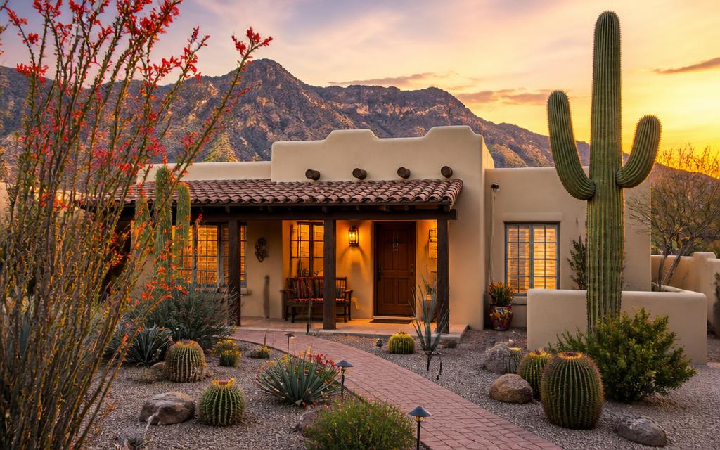 Southwest Tucson home with desert landscaping at sunset